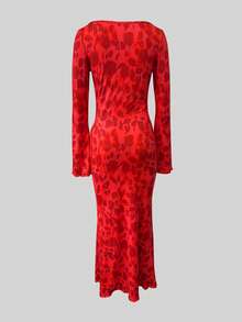Women's Spring Dress, New Spring/Summer Red Floral Print Knit Stretch Fitted Flare Sleeve Dress, Elegant Dress From Spring To Summer, Valentine's Day Dress - Red - View 5