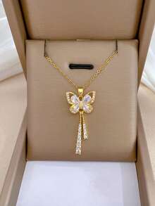 1件时尚蝴蝶形流苏轻奢项链，适合日常佩戴和聚会，情人节配饰，送给时尚青少年的理想礼物 - 金色 - 查看 7