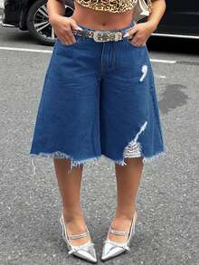 Quần lửng denim rách gấu không đối xứng dành cho nữ cỡ lớn, kiểu dáng thường ngày mùa hè. - Rửa tối - Xem 2