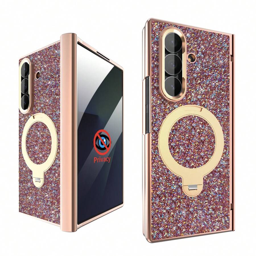 New Fashionable Luxury Rhinestone Electroplated Frame Phone Case, Comes With Magnetic Spring Hinge, Phone Stand Function, Supports Wireless Charging, Includes Anti-Peeping Tempered Glass Screen Protector, Compatible With Samsung Fold 6 7 Full-Body Shockproof Protective Cover
