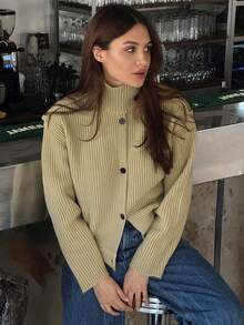 كارديجان نسائي كاجوال، ملابس علوية محبوك بياقة عالية، أكمام طويلة فضفاضة، كنزة صوفية صوفية أنيقة وعملية للسيدات - اخضر زيتون - مشاهدة 3