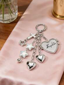 1pc Heart-Shaped Mini Mirror Keychain, Customizable Name Keychain, Heart And Star Keychain, Creative And Exquisite Stylish Silver Keychain, Personalized Name Keychain, Suitable For Women, Can Be Customized, Ideal For Lipstick Charms - Multicolor - View 3