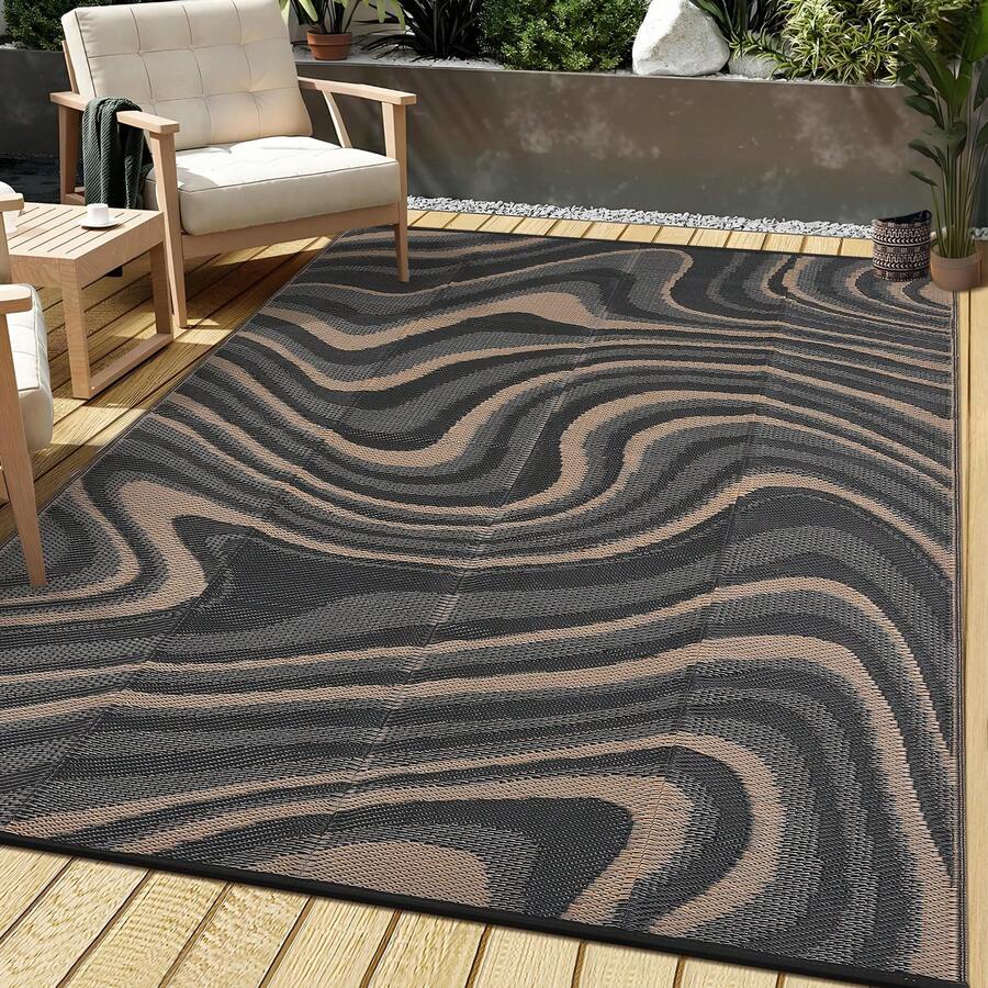 1Pcs Modern Abstract Pattern Outdoor Area Rug For Balcony Pool RV Waterproof Reversible Mat Palm Vintage Straw Plastic Camping Carpet For Patio Deck - 黑色棕色 - 查看 1