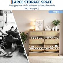 Rattan Shoe Storage Cabinet, Narrow Freestanding Organizer Shoe Rack Organizer With Adjustable Shelves And Sleek Metal Handles For Entryway, Natural Wood Color - 橡木 - 查看 4