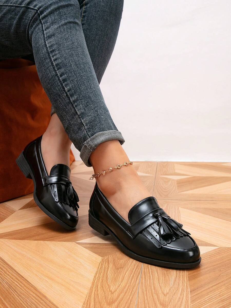 女士乐福鞋，圆头平底流苏乐福鞋，户外复古套脚鞋，休闲鞋 - 黑色 - 查看 1