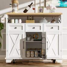 Modern Kitchen Island Table (118 * 43 * 98cm) Kitchen Cabinet With Wooden Dining Trolley, With Wing Wheels, Multifunctional Storage Space, Detachable, With Towel Rail, White