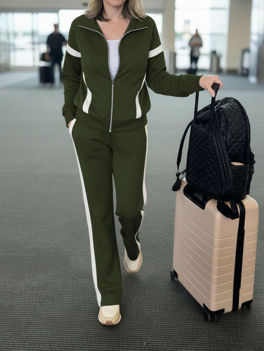 Casual Women's Fashion Commuter Suit, Comfortable Loose Splice Contrast Color Long Sleeve Jacket Top + Striped Contrast Color Straight Leg Pants 2 Pieces Set Spring Elegant - Green 29 - View 1
