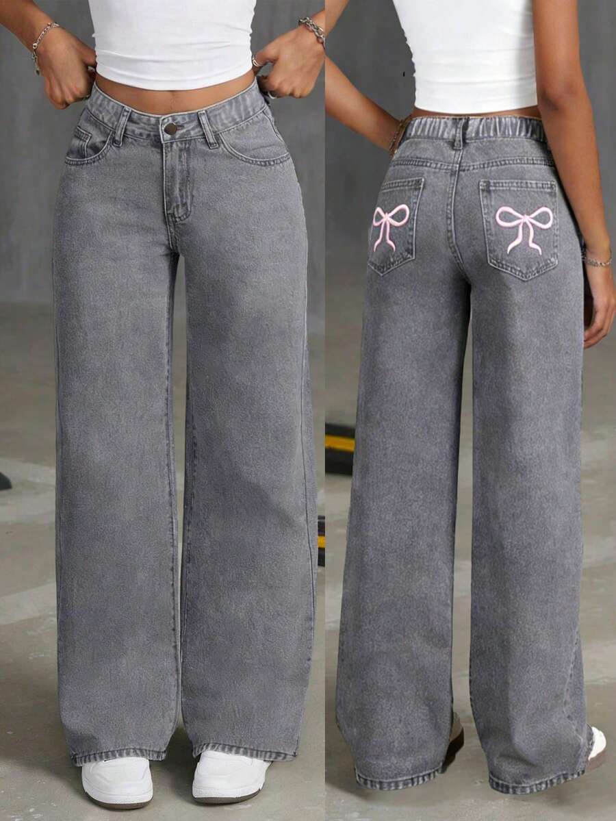 Tween Girl Loose Butterfly Print Flared Jeans, Comfortable And - Light Grey - View 1