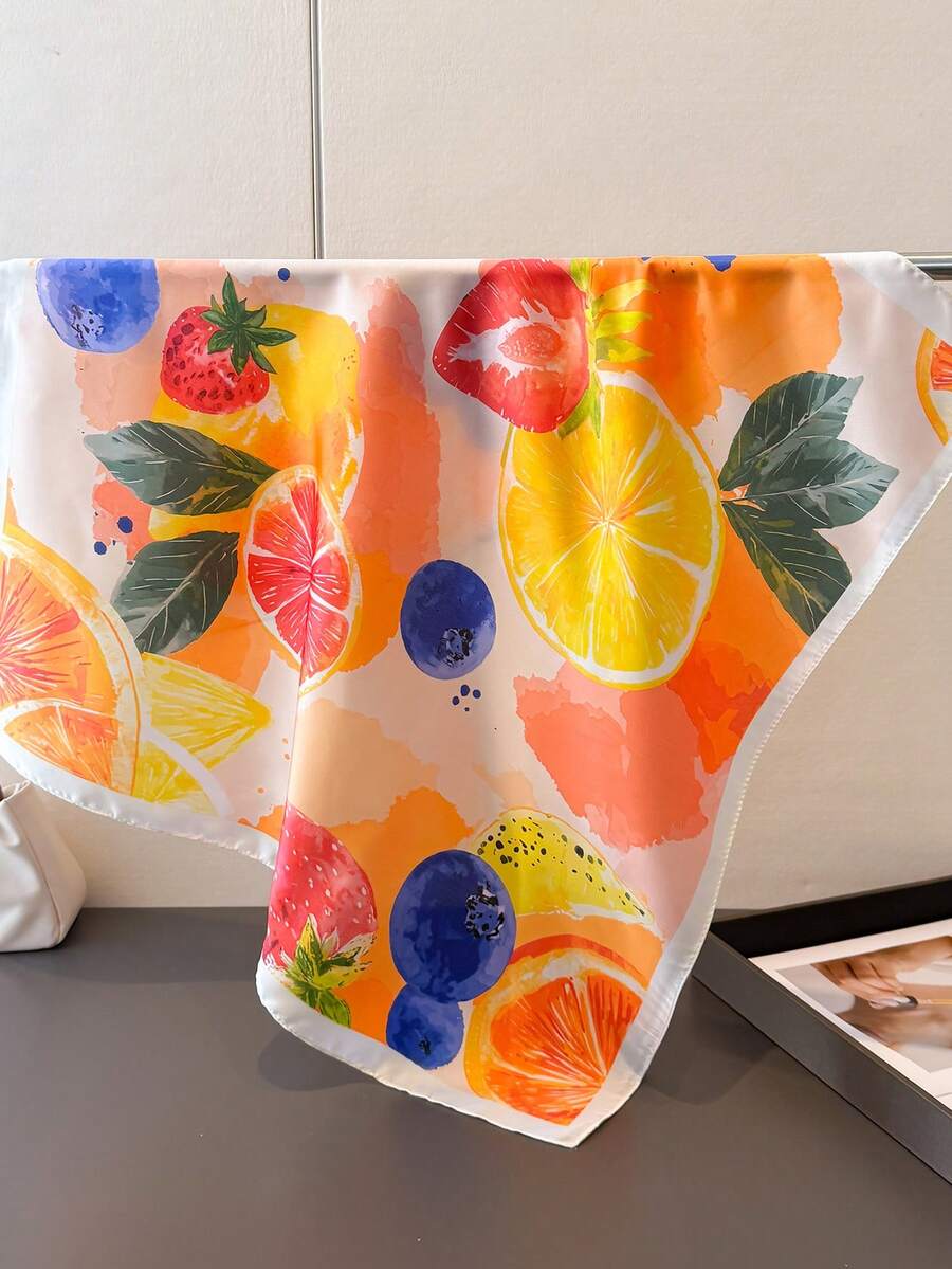 1 chiếc khăn choàng/khăn trùm đầu nữ nhẹ, in hình dâu tây và chanh, chất liệu giả lụa, hình vuông, thích hợp cho đi biển, dạo phố, mặc hàng ngày, đi nghỉ mát hoặc trang trí. - trái cam - Xem 1