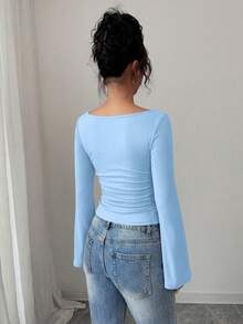 Women's Spring Fall Long Sleeve Shirts Crop Going Out Tops Casual Boat Neck Bell Sleeve Ribbed Ruched Y2K Clothes - Sky Blue - View 2
