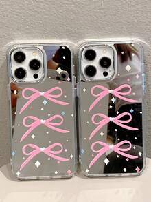 1pc Mirrored Triple Bow Anti-Drop Full Coverage Phone Case Protective Cover Compatible With IPhone 11/12/13/14/15/16/17/Pro Max - Pink - View 3