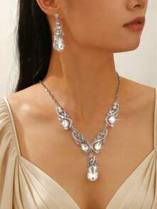 3pcs Elegant Vintage Gorgeous Sparkling Rhinestone-Embedded Necklaces For Women & Earrings For Women ,Jewelry Set, Party, Evening & Bride Accessory Gift - Transparent - View 2