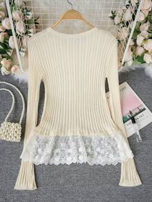 Apricot Lace Patchwork Cute Semi-Sheer Crew Neck Partial Placket Long Sleeve Women Sweater, Autumn/Winter - Apricot - View 7