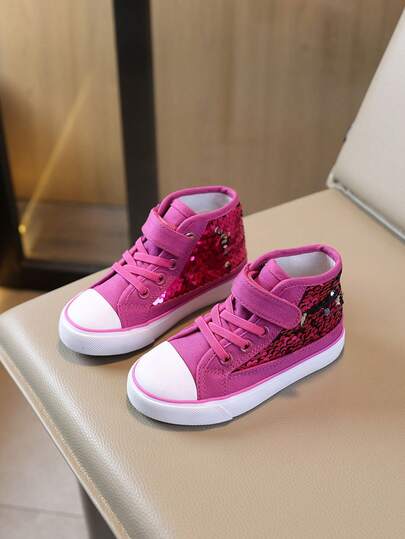 Glitter Mid-Top Fashion Children's Canvas Shoes, Flat, Breathable Non-Slip Student Shoes, Bright Color Kids Sneakers