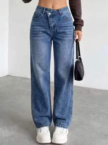 Jeans casuales de mujer con decoración de cinturón asimétrico lavado y bolsillos laterales, estilo Y2K - Azul desgastado - Ver 2