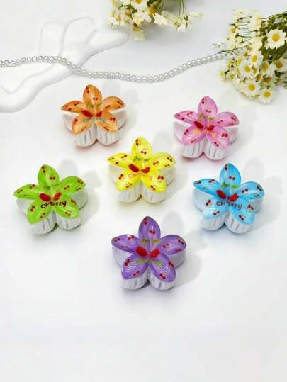 1pc/3pcs/6pcs Floral Print Casual ABS Plastic Cherry Blossom Hair Clips, Cute Girl Style Hair Accessories