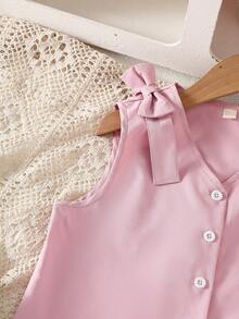 Tween Girls' Spring/Summer Sleeveless Button-Up Camisole With Bow Strap & Wide Leg Pants 2 Pieces Casual Set - Pink - View 4