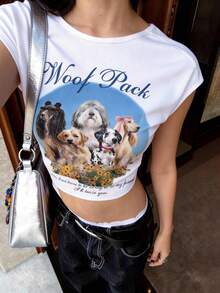 LOVE JOYY 女士 Y2K 复古白色露背短袖露脐 T 恤，狗狗印花，休闲街头风夏季上衣 - 彩色 - 查看 6