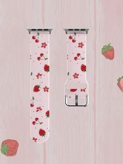 1条柔软弹力透气草莓樱花印花替换表带，适用于三星、荣耀智能手表，尺寸可选38mm、40mm、41mm、45mm、44mm、42mm、49mm，日常及节日礼物之选。时尚休闲硅胶表带，适用于 Ultra SE/11/10/9/8/7/6/5/4/3/2/1、Watch 3/Galaxy、GT2/GT3以及任何表耳宽度为20/22mm的手表。