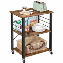 - Estante de Cocina con Ruedas, Carrito de Servir con 3 estantes, Carrito de Cocina, Estante de microondas, para Horno, Tostador, con 6 Ganchos, Estilo Industrial, caf rstico y Negro - Marrón - Ver 10
