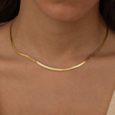 Dây chuyền choker vàng chống nước họa tiết xương cá, rộng 3mm, kiểu dáng tối giản, dây chuyền dạng rắn dẹt đơn giản, dây chuyền nhiều lớp đơn giản, quà tặng trang sức mùa hè, trang sức thép không gỉ.
