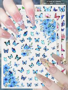 3/6/12件套复古蝴蝶花朵美甲贴纸套装，优雅美甲设计转印贴纸 - 彩色 - 查看 10