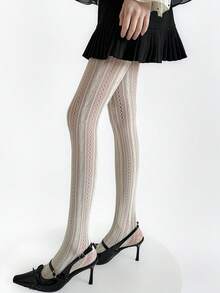 1Pair Ins Style Spring/Summer Hollow Out Vertical Striped Women's Lace Fishnet Stockings Pantyhose Japanese Pure Desire White Stockings Sexy Sweet Girly Style Stockings Base Pantyhose Lolita Pantyhose - White - View 5