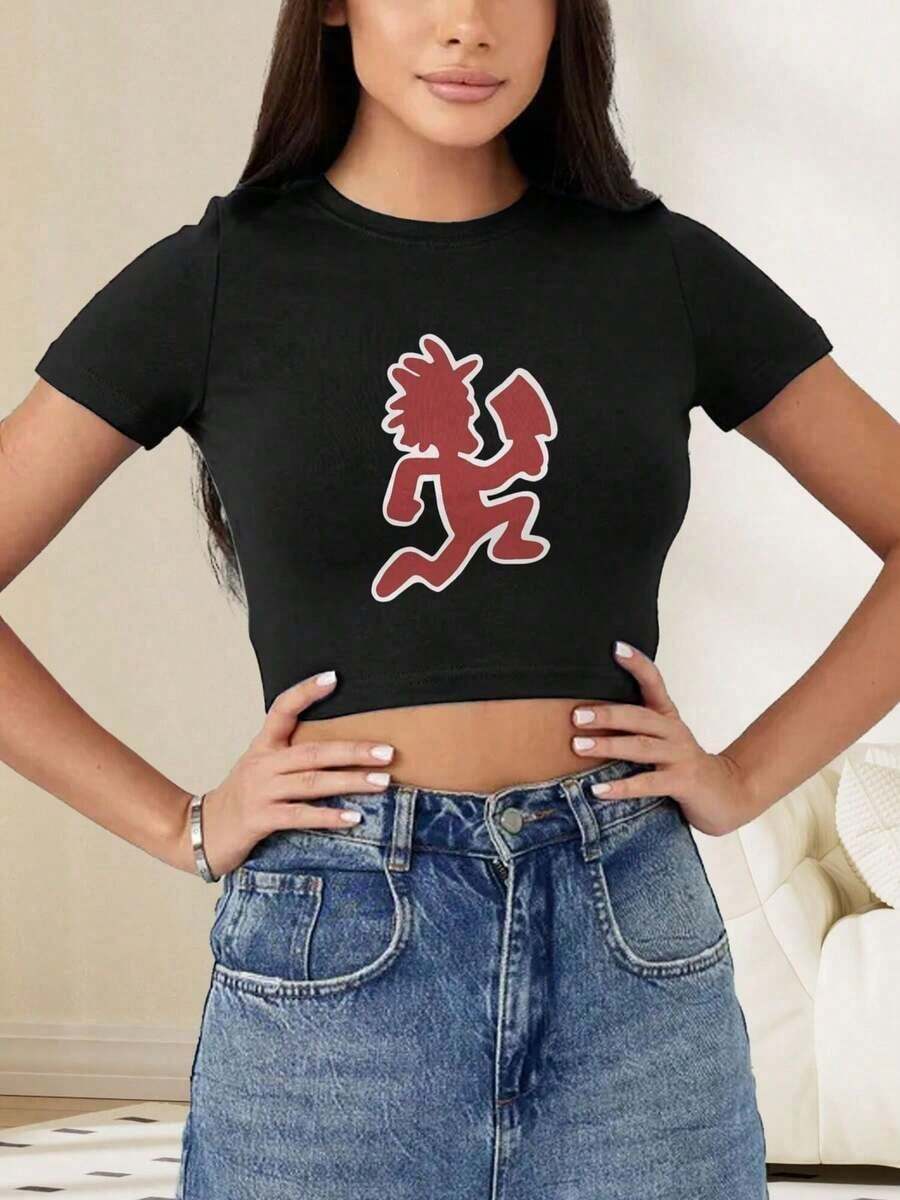 HATCHETMAN ICP Women's Slim Fit Crop Top - Short Sleeve Crew Neck T-Shirt With Bold Red & Black Graphic Print, Y2K & Casual Streetwear, Machine Washable Summer Fashion Top, Versatile Clothing, Comfortable Tee, Streetwear Style, Clothing, Breathable Material, Streetwear Lovers - 黑色 - 查看 1