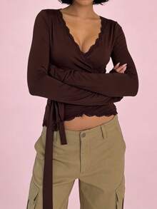 Women Y2k Solid Color Long Sleeve T-Shirts Lace Trim Tie-Up V-Neck Shirts Spring Fall Slim Fit Casual Tops Basic Tee Going Out Outfit Streetwear - 棕色 - 查看 2