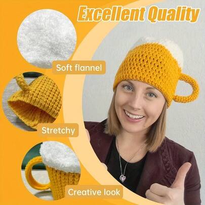 CT TAPESOCKS 1pc Beer Hat, Yellow With White Fur Trim Beer Mug Hat, Perfect For Christmas, Birthday And Party, Ideal For Beer Lovers, Holiday Themed Headwear