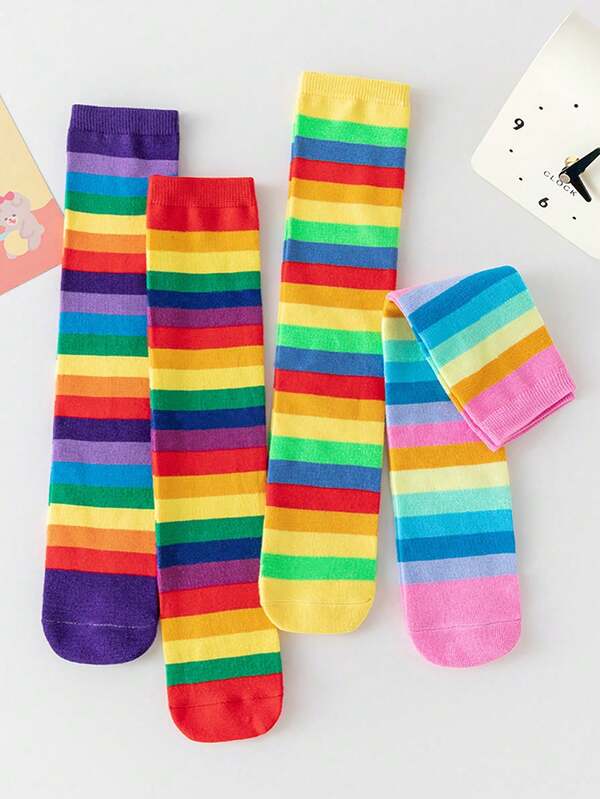 2 pares de calcetines de caña alta con diseño de arcoíris y color caramelo para niños, calcetines deportivos casuales y cómodos a rayas para uso diario en múltiples temporadas