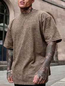 FRACTYR Men's Summer Fashion Minimalist Solid Color Crew Neck Vintage Washed Short Sleeve T-Shirt | Basic Style Street Casual Tee, Boyfriend Gift - Brown - View 2
