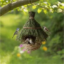 手工编织稻草鸟屋 - 质朴天然纤维巢箱，稻草屋顶，室内/室外鸟笼，适用于花园、阳台 - 彩色 - 查看 4