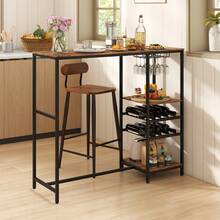COSTWAY 121cm Long Bar Table, Bar Height Dining Table With Storage Shelves, Wine Racks & Stemware Holders, Industrial Breakfast Table For Kitchen Living Room Behind Couch, Rustic Brown - Brown - View 1