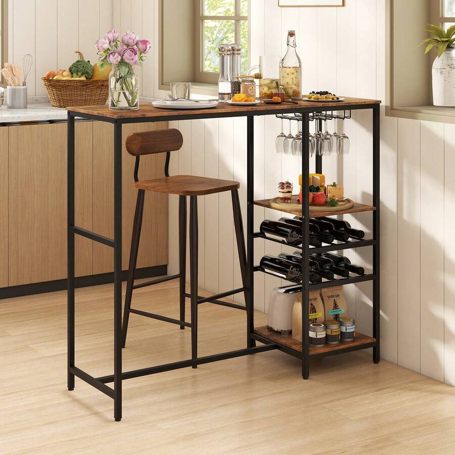 COSTWAY 121cm Long Bar Table, Bar Height Dining Table With Storage Shelves, Wine Racks & Stemware Holders, Industrial Breakfast Table For Kitchen Living Room Behind Couch, Rustic Brown - Brown - View 1