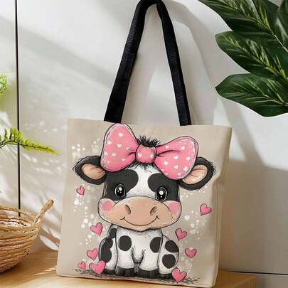 Vintage Cute Cow Print Double-Sided Canvas Tote Bag, Farm Animal Theme College Style Portable Canvas Storage Bag, Casual Travel Beach Bag, Bohemian Design Bag, Shopping Bag, Suitable For Home, Commute, Vacation, School And Gifts, Size 16" X 14"