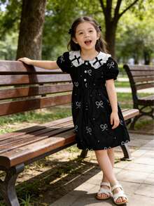 复古洛丽塔女童连衣裙，蝴蝶结印花，黑色蝴蝶结印花泡泡袖女童连衣裙，蕾丝彼得潘领腰部喇叭下摆公主裙，儿童生日派对拍照时尚连衣裙，春夏款 - 黑色 - 查看 3