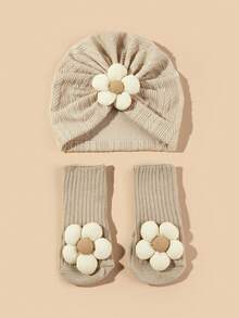 2件装 1-6个月婴儿花朵发带帽和袜子套装，可爱提花花朵帽子套装，春秋季 - 彩色 - 查看 16