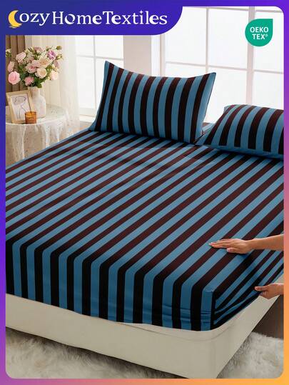 1 szt. prześcieradło z dopasowaną gumką, pościel, prześcieradło z dopasowaną gumką, pokrowiec na materac, miękki i wygodny ochraniacz na materac, dekoracja do domu, minimalistyczne prześcieradło z dopasowaną gumką w niebiesko-czarne paski, bez poszewki na poduszkę, odpowiednie do łóżek pojedynczych, pełnowymiarowych, queen size i king size, pościel na prezent, nadaje się do prania w pralce, certyfikat Oeko-Tex