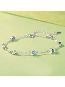 1 chiếc vòng tay bạc 925 cao cấp, kiểu dáng tối giản, độc đáo, đính đá Cubic Zirconia tổng hợp hình vuông và trái tim, dây chuyền tròn, thích hợp cho nữ, đám cưới, lễ hội, quà tặng, tiệc tùng, tiệc chiêu đãi. - Bạc - Xem 5