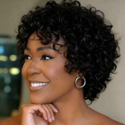 200% Density Curly Wavy Remy Human Hair Wig Bob Bangs, Black, Seamless & Glueless, Suitable For Daily Wear, Parties, Holidays, 6 Inch Instant Voluminous Styling