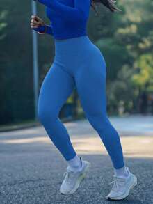 1pc Women's Black Seamless Butt-Lifting Pants, Peach Butt Shaping Yoga Fitness Leggings, Casual Sportswear, High-Quality, Stable & Comfortable, Minimalist & Professional - Blue - View 7