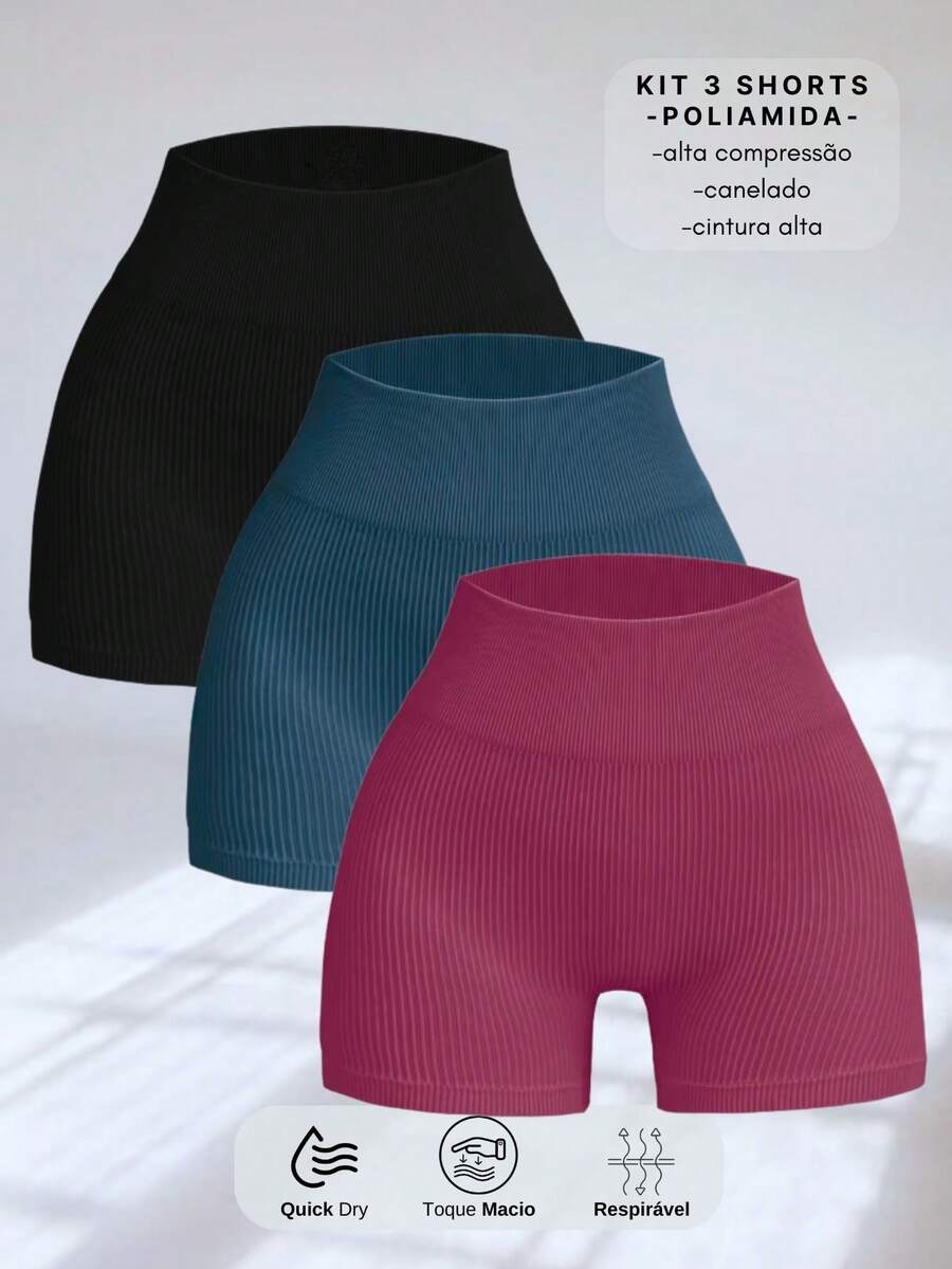 SET OF 3 SEAMLESS RIBBED SHORTS – HIGH COMPRESSION - Petroleum/Wine - View 1