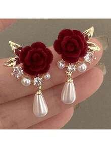 1 Pair Red Rose Faux Pearl With Rhinestone Dangle Earrings - Red - View 8