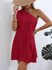 轻盈涤纶不对称露肩连衣裙 - 女士修身款，休闲风格 - 酒紅色 - 查看 2
