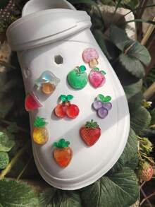 10pcs Transparent Fruit Charms Set (Grape, Cherry, Pineapple, Apple, Strawberry, Watermelon, Peach, Carrot, Mushroom), Suitable For Hollow Out Clogs, Beach Sandals, Flip Flops - Multicolor - View 6