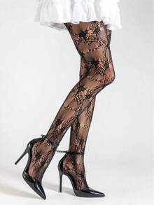1双加大码女士渔网袜，法式复古玫瑰蕾丝提花过膝长袜，性感优雅朋克风渔网连裤袜，适合度假、派对、晚宴等场合 - 彩色 - 查看 4