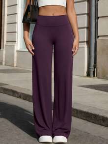 NcmRyu 1pc Women High Waist Elastic Loose Flared Leg Casual Pants - Purple - View 6