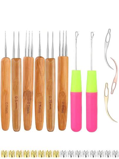 27pcs Dreadlock Crochet Hooks, Interlocking Tools For Braiding Hair, 0.5mm, 0.75mm Pink Handle Plastic Hooks, 5mm Metal Crown, Hair Accessories