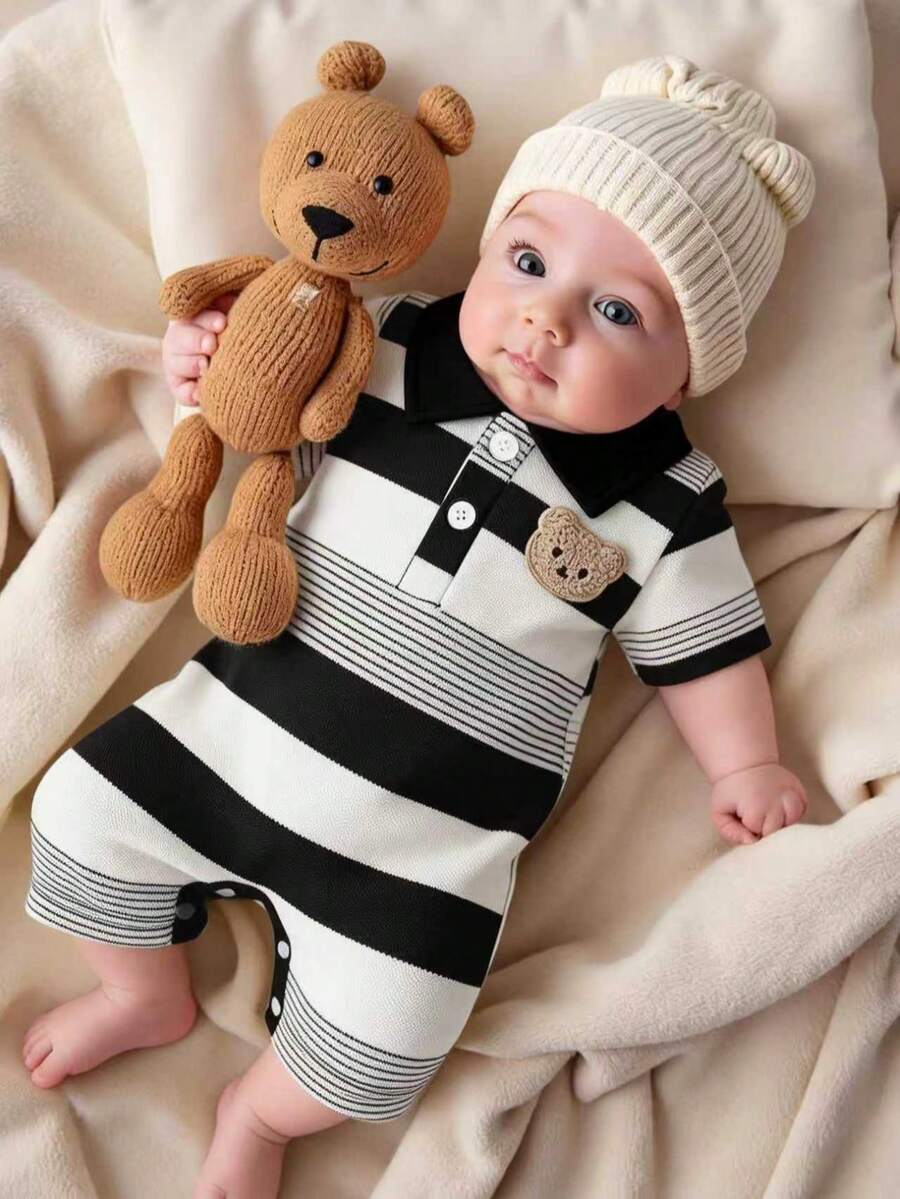 Bộ áo liền quần ngắn tay cổ sọc đen trắng thêu hình gấu cho bé trai mùa hè, kiểu dáng thời trang giản dị dễ thương. - Đen và trắng - Xem 1
